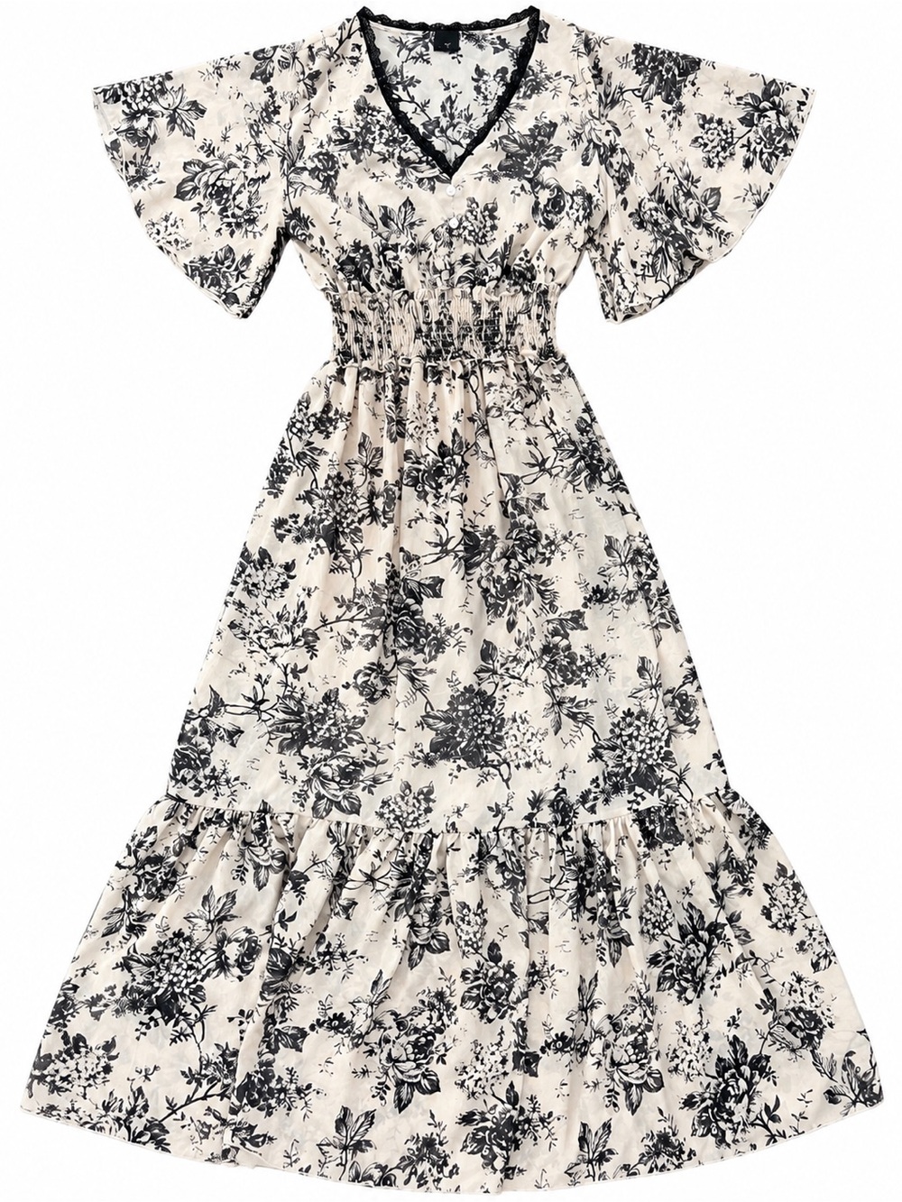 Kate & Lily Black Ivory Floral Smocked Waist Flutter Sleeve Maxi Dress Size 10 - Picture 2 of 13